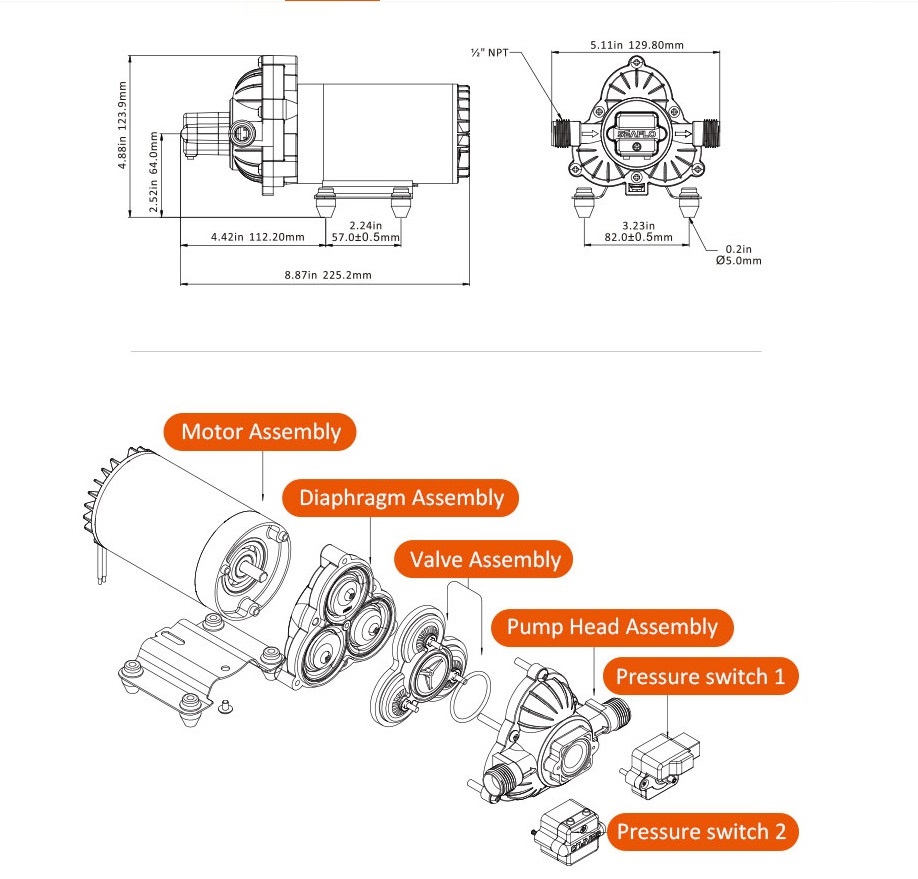 картинка Cамовсасывающий насос с датчиком давления SFDP1-020-045-33W (12VDC, 5A, 45 psi/3 бар, 7,6 л/м, 1/2" резьба)