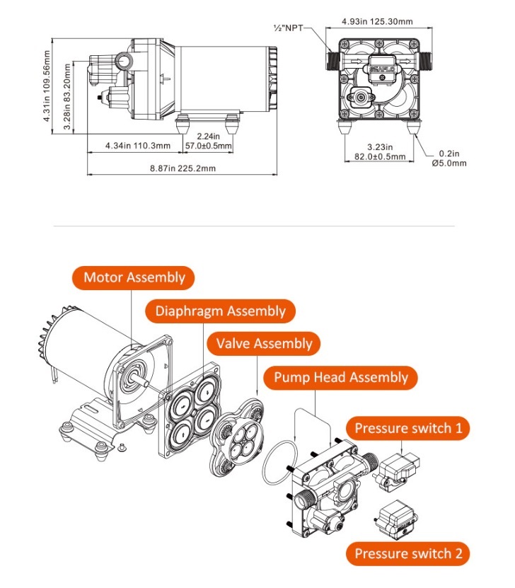 картинка Cамовсасывающий насос с датчиком давления SFDP1-030-055-42W (12VDC, 8A, 55 psi/3,8 бар, 11,3 л/м, 1/2" резьба)