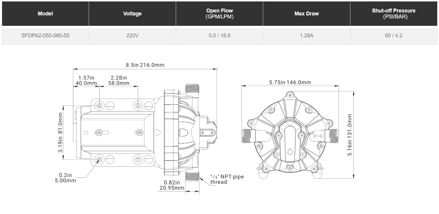 картинка Насос воды SFDPA2-050-060-55 (220VAC, 1,3A, 60 psi/4,2 бар, 18,9 л/м, 1/2")